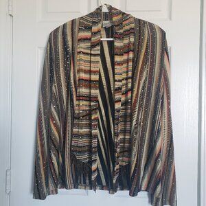 Vintage Joseph Ribkoff Open Tie Cardigan Size L 12 Stripe Fringe Lagenlook Fairy